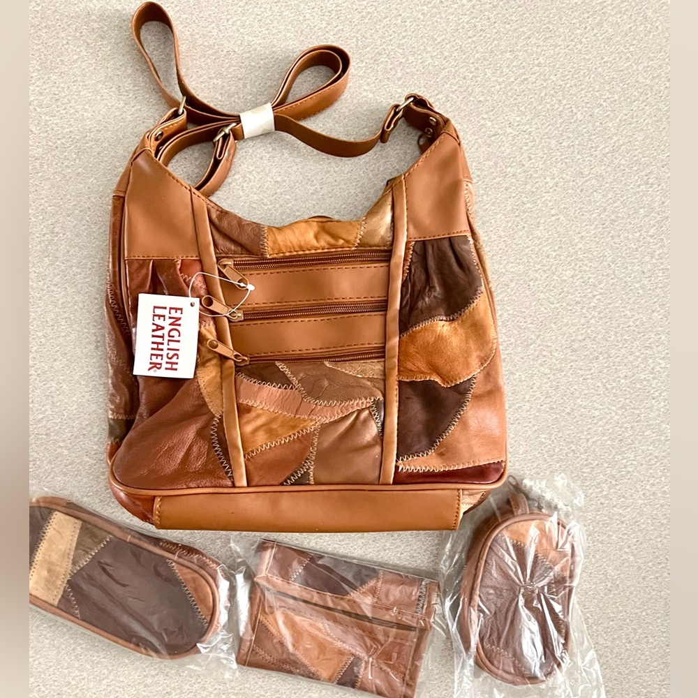NWT Patchwork Genuine Leather Shoulder Bag Brown w/ 3 Pouches Set